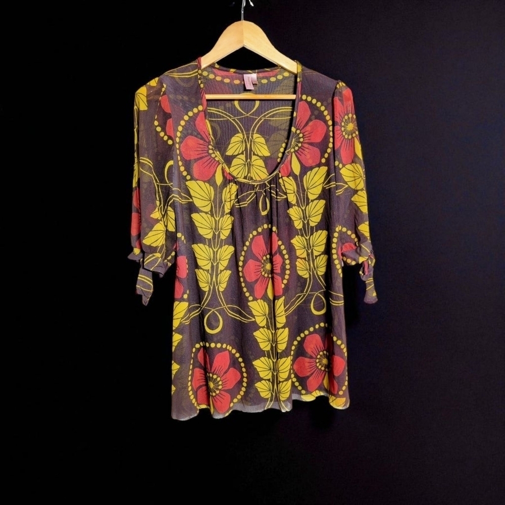 Sweet Pea Sz L Brown Red and Yellow Floral Blouse Mesh